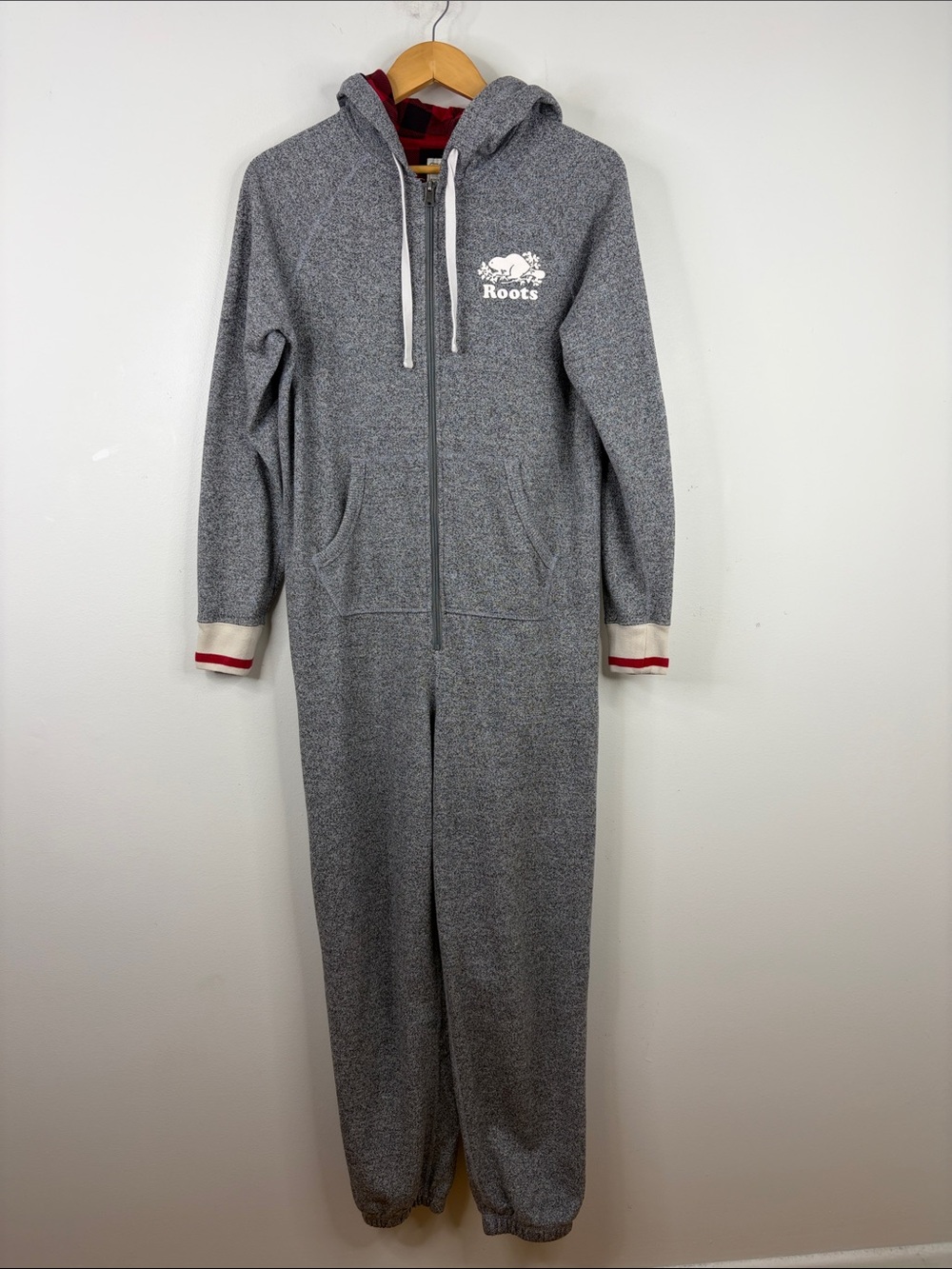 Roots One Piece Pajamas Mens Small Gray Hoodie Joggers Cotton Terry Tracksuit